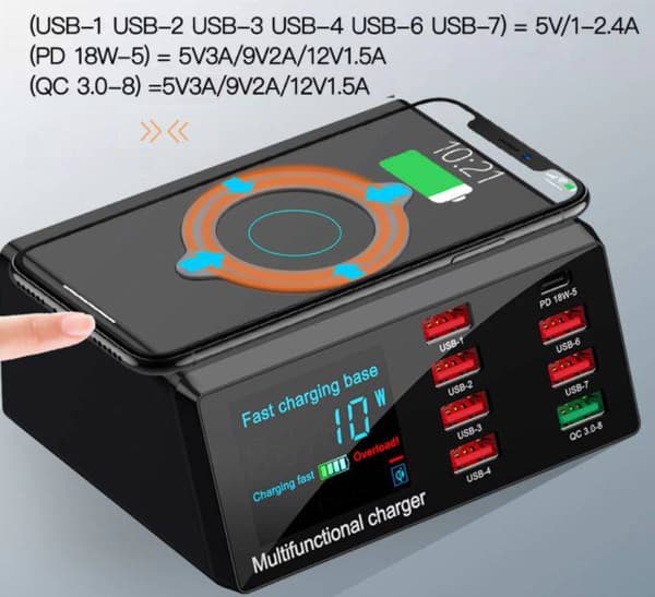 USB-Hubb & laddningsstation med 8 usb portar & qi trådlös ladddning, quickcharge 3.0