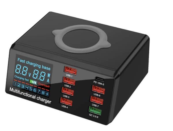 USB-Hubb & laddningsstation med 8 usb portar & qi trådlös ladddning, quickcharge 3.0