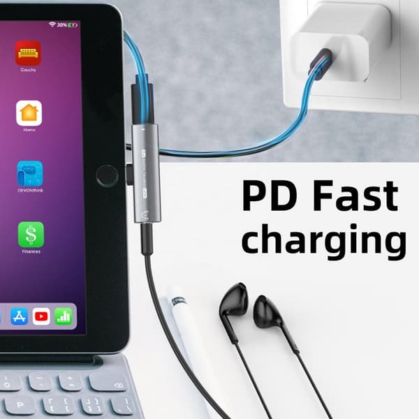 INF USB-C til 3,5 mm adapter for hodetelefoner og lader Grå