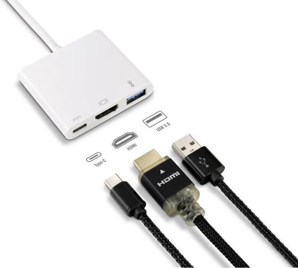 Renkforce RF-4366444 -sovitin [1 x USB-C-pistoke - 1 x HDMI-liitäntä, USB 3.2 Gen 1 -liitäntä A (USB 3.0), USB-C-liitäntä] Valkokullattu st