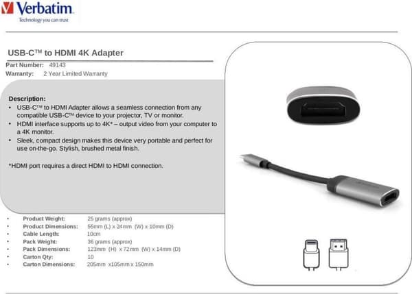 Verbatim 49143 videokabel adapter 0,01 m USB C HDMI Sort, Sølv