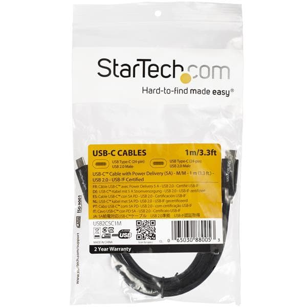 StarTech.com 1m USB-C till USB-C-kabel med 5A/100W strömförsörjning - M/M - Vit - USB 2.0 - USB-IF-certifierad - USB-C-laddningskabel - USB-kabel - US