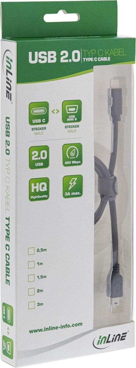 InLine USB Mini B till USB-C-kabel - USB2.0 - upp till 1A / svart - 5 meter