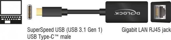 DeLOCK USB-C till RJ45 Gigabit Ethernet LAN-adapter / kompakt - USB3.0 - CAT6 / svart - 0,10 meter