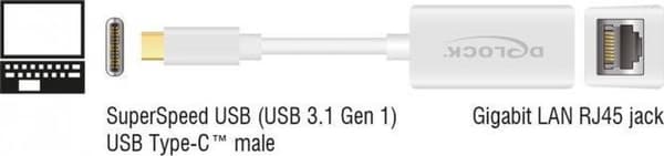 DeLOCK 65906 USB-C till RJ45 Gigabit Ethernet LAN-adapter / kompakt - USB3.0 - CAT6 / vit - 0,10 meter