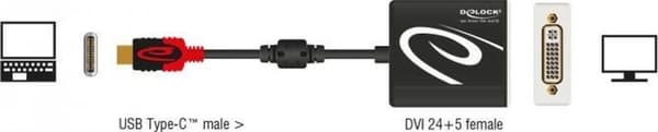 DeLOCK Premium USB-C til DVI adapter med DP Alt Mode (1920 x 1200) / sort - 0,20 meter