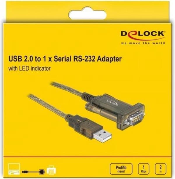 DeLOCK USB-A (m) til 9-benet SUB-D med skruer (m) seriel RS232 adapter / Prolific chip / LED indikatorer - 2 meter