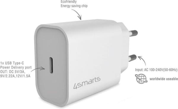 4Smarts VoltPlug Adapter 20W USB-C hurtigoplader med strømforsyning