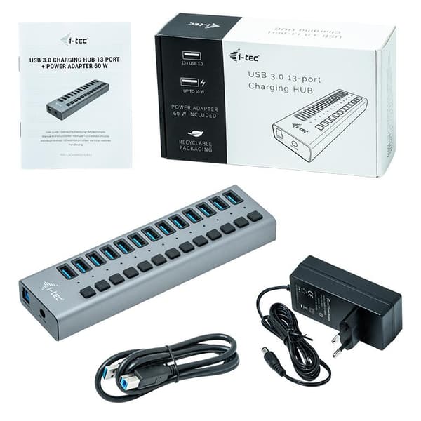 I-TEC USB 3.0 Charging HUB 13-portars port med extern strömadapter 60W 13x USB-laddningsport för surfplattor notebooks ultrabooks PC (U3CHARGEHUB13)