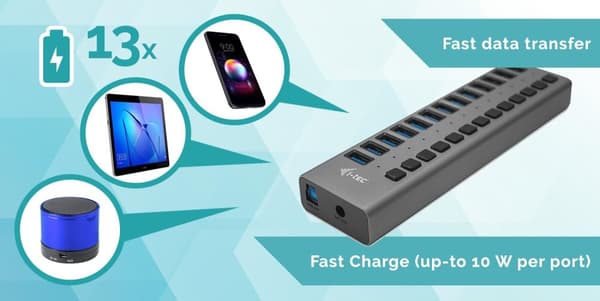 I-TEC USB 3.0 Charging HUB 13-portars port med extern strömadapter 60W 13x USB-laddningsport för surfplattor notebooks ultrabooks PC (U3CHARGEHUB13)