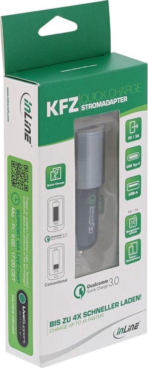 InLine-autolaturi 1 USB-C- ja 1 USB-A-portilla - Quick Charge 3.0 - 6A / hopea