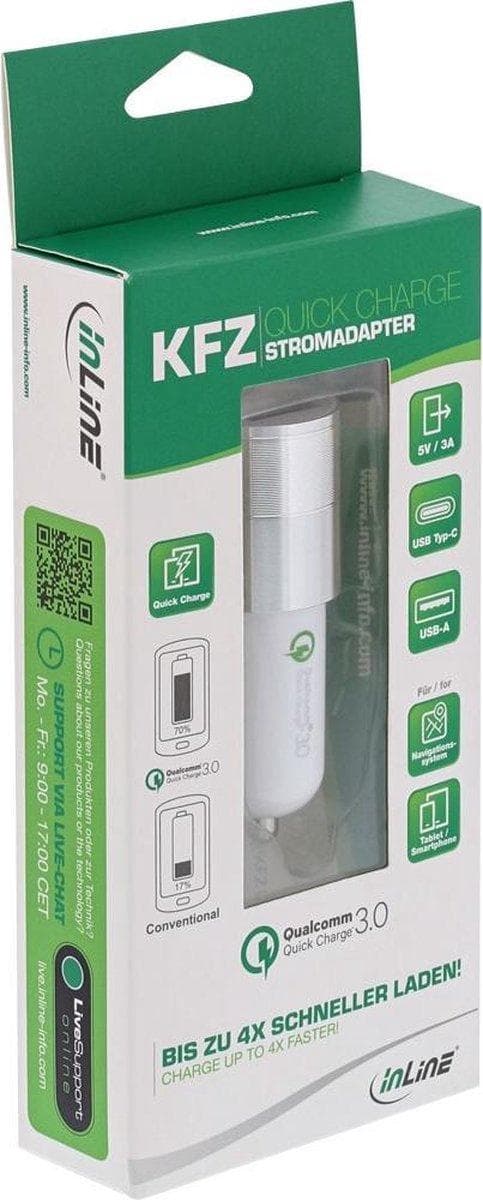 InLine-autolaturi 1 USB-C- ja 1 USB-A-portilla - Quick Charge 3.0 - 6A / valkoinen
