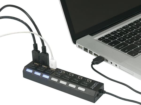 Renkforce USB 2.0 hubb 7 portar Individuellt omkopplingsbar, Med statuslysdioder Svart