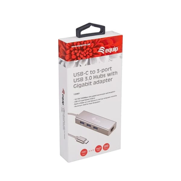 Utrusta 133481 USB-C till 3-portars USB Hub med Gigabit Adapter/Silver