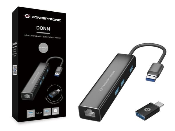 Conceptronic DONN07B/ 3-portars USB-hubb med Gigabit nätverksadapter inkl. USB-C till USB-A-omvandlare Gränssnittshubb USB 3.2 Gen 1 (3.1 Gen 1) Typ-C