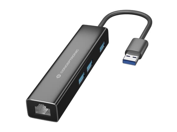 Conceptronic DONN07B/ 3-portars USB-hubb med Gigabit nätverksadapter inkl. USB-C till USB-A-omvandlare Gränssnittshubb USB 3.2 Gen 1 (3.1 Gen 1) Typ-C