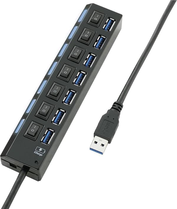USB 3.2 Gen 1 Hub 7 portar Individuellt omkopplingsbar, Med statuslysdioder, Med iPad-laddningsport Svart