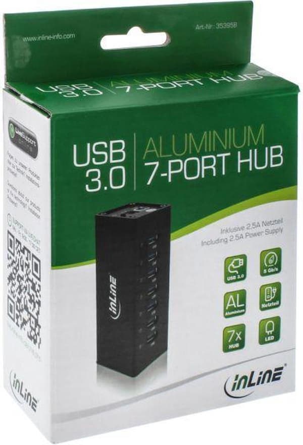 InLine USB-hub med 7 porte - USB3.0 - ekstern 12V strømforsyning / sort - 1 meter