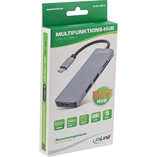 InLine® multifunktionshubb USB 3.2 Gen.1, 2x USB-A 5Gb/s + HDMI 4K/30Hz + kortläsare, aluminium, grå (33271I)