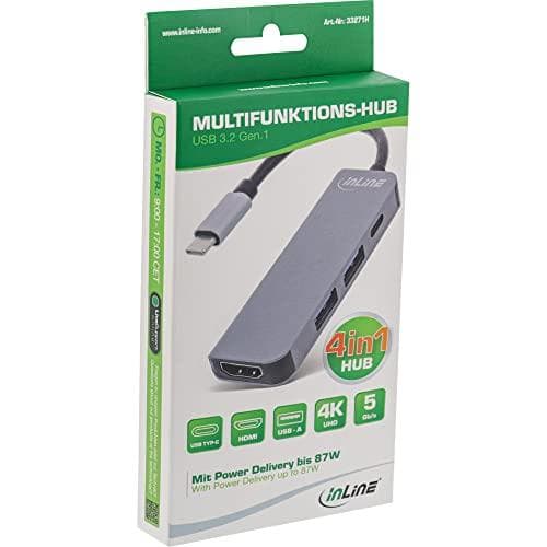 InLine® multifunktionshub USB 3.2 Gen.1, 2x USB-A 5Gb/s + HDMI 4K/30Hz + USB Type-C PD 87W, aluminium, grå (33271H)