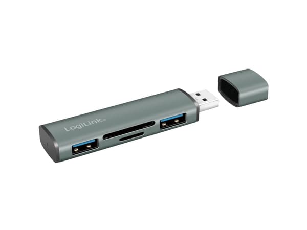 LogiLink USB 3.2 Gen 2 Hub, 2-port, USB-A, w/cardreader, aluminum, grey