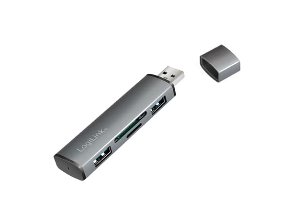 LogiLink USB 3.2 Gen 2 Hub, 2-port, USB-A, w/cardreader, aluminum, grey