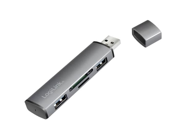 LogiLink USB 3.2 Gen 2 Hub, 2-port, USB-A, w/cardreader, aluminum, grey