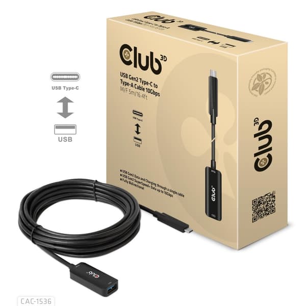 Club3D CAC-1536 USB Gen2 Typ-C till Type-A-kabel 10 Gbps M/F 5 m