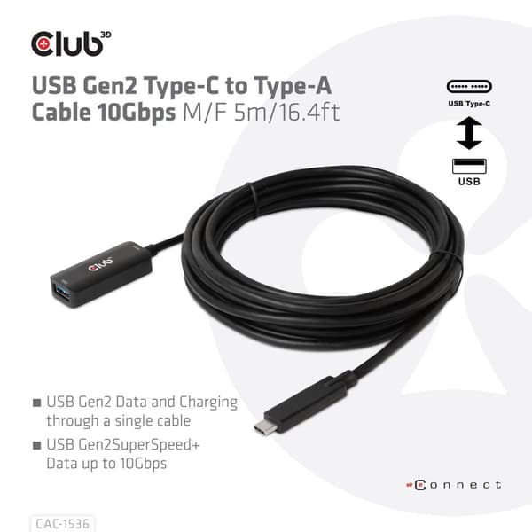 Club3D CAC-1536 USB Gen2 Typ-C till Type-A-kabel 10 Gbps M/F 5 m