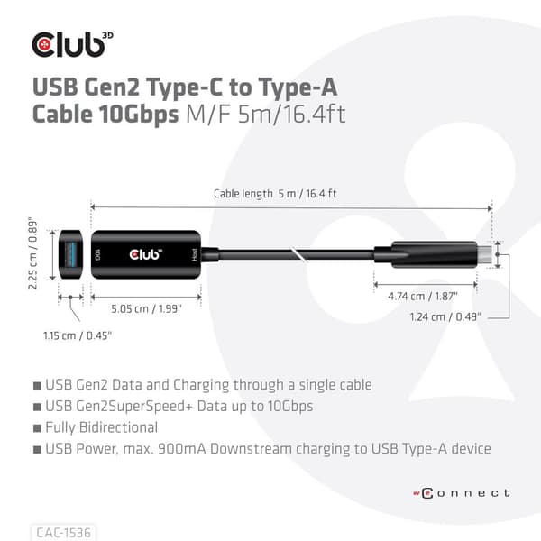 Club3D CAC-1536 USB Gen2 Typ-C till Type-A-kabel 10 Gbps M/F 5 m