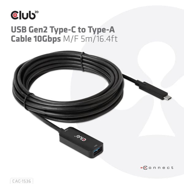Club3D CAC-1536 USB Gen2 Typ-C till Type-A-kabel 10 Gbps M/F 5 m