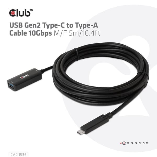 Club3D CAC-1536 USB Gen2 Typ-C till Type-A-kabel 10 Gbps M/F 5 m