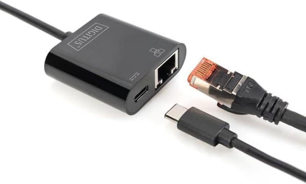 Digitus USB-C, RJ45-sovitin [1x USB-C-pistoke - 1x RJ45-liitäntä, USB-C-liitäntä] DN-3027 Sis. RJ45-liitäntä, latausliitännällä, USB-liitännällä