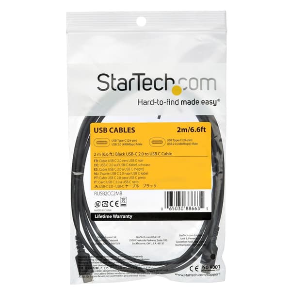 StarTech 2 m / 6,6 fod. USB C-kabel - Sort - Aramidfiber - USB-kabel - USB-C (M) Lige til USB-C (M) Lige - Thunderbolt 3 / USB 2.0 - 2 m - Sort