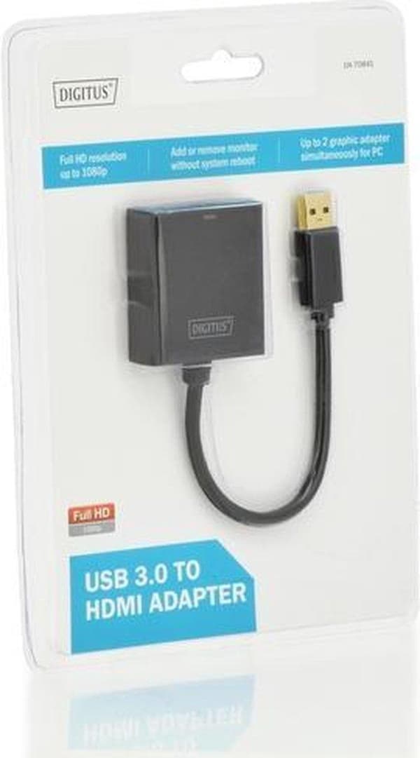 Digitus DA-70841 HDMI / USB 3.2 Gen 1 (USB 3.0) Adapter [1x USB 3.2 Gen 1 stik A (USB 3.0) - 1x HDMI-stik] Sort afskærmet, HDMI-kompatibel, High Speed