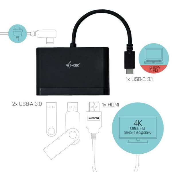 I-TEC USB-C HDMI och USB-adapter med strömförsörjning, 1xHDMI 4K, 2xUSB 3.0-port, 1xUSB-C Power Delivery/Dataport kompatibel med TB 3 (C31DTPDHDMI)
