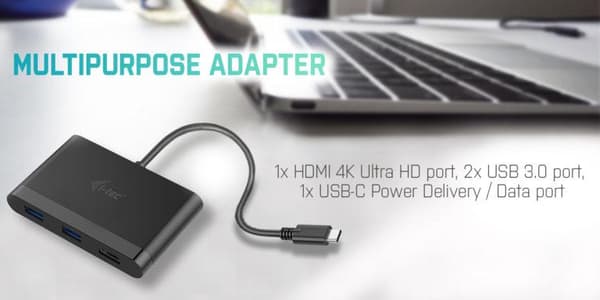 I-TEC USB-C HDMI och USB-adapter med strömförsörjning, 1xHDMI 4K, 2xUSB 3.0-port, 1xUSB-C Power Delivery/Dataport kompatibel med TB 3 (C31DTPDHDMI)