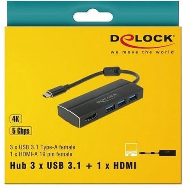 DeLOCK Premium USB-C til HDMI og 3x USB-A adapter med DP Alt Mode (4K 30 Hz) / sort - 0,15 meter