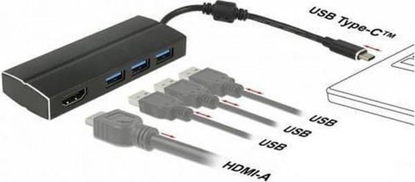 DeLOCK Premium USB-C til HDMI og 3x USB-A adapter med DP Alt Mode (4K 30 Hz) / sort - 0,15 meter