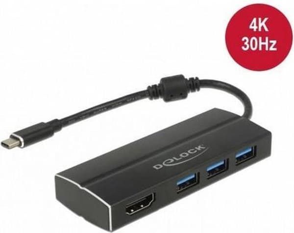 DeLOCK Premium USB-C til HDMI og 3x USB-A adapter med DP Alt Mode (4K 30 Hz) / sort - 0,15 meter