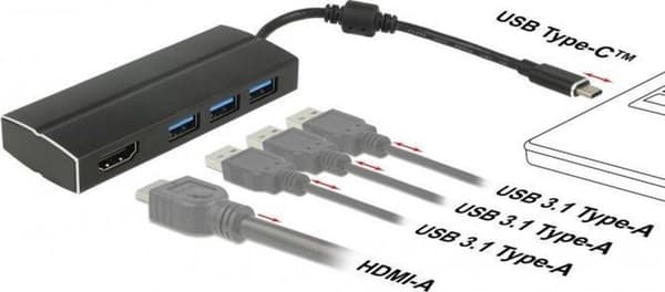 DeLOCK Premium USB-C til HDMI og 3x USB-A adapter med DP Alt Mode (4K 30 Hz) / sort - 0,15 meter