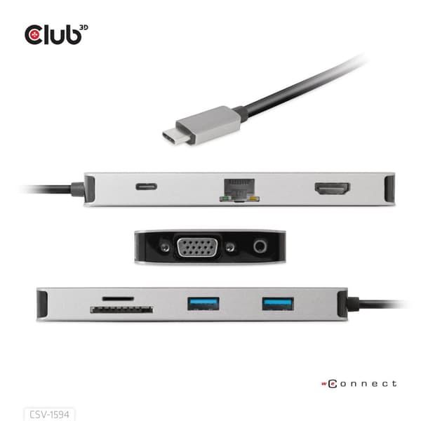 Club 3D USB Gen1 Type-C 9-i-1-hub - Dockningsstation - USB-C - VGA, HDMI - GigE