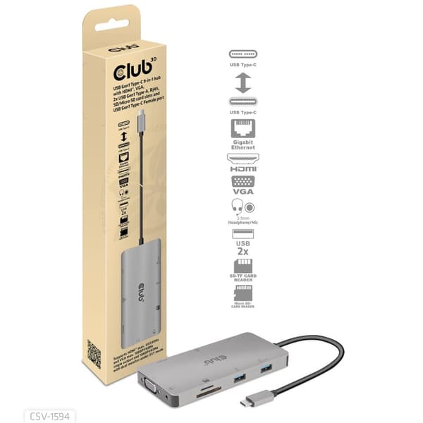 Club 3D USB Gen1 Type-C 9-i-1-hub - Dockningsstation - USB-C - VGA, HDMI - GigE