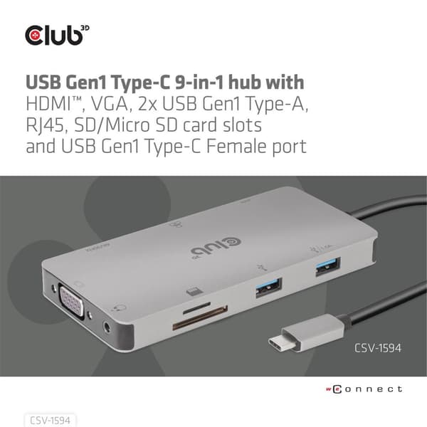 Club 3D USB Gen1 Type-C 9-i-1-hub - Dockningsstation - USB-C - VGA, HDMI - GigE