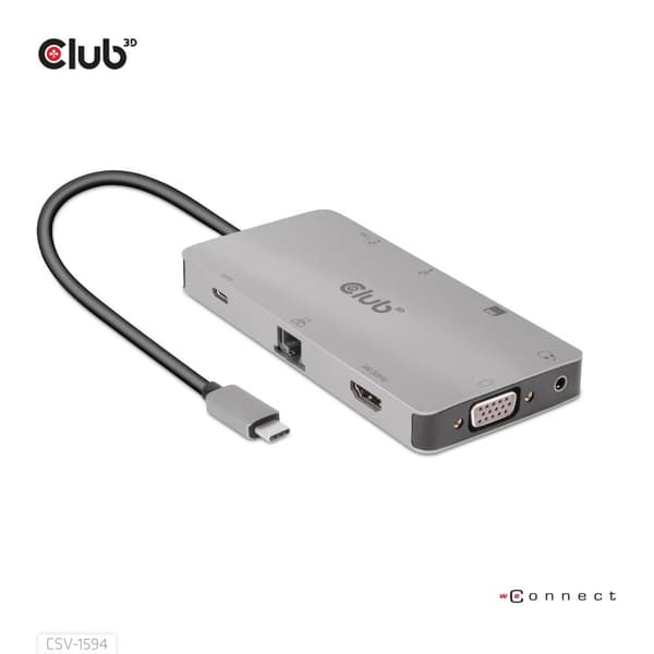 Club 3D USB Gen1 Type-C 9-i-1-hub - Dockningsstation - USB-C - VGA, HDMI - GigE