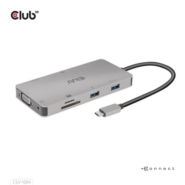 Club 3D USB Gen1 Type-C 9-i-1-hub - Dockningsstation - USB-C - VGA, HDMI - GigE