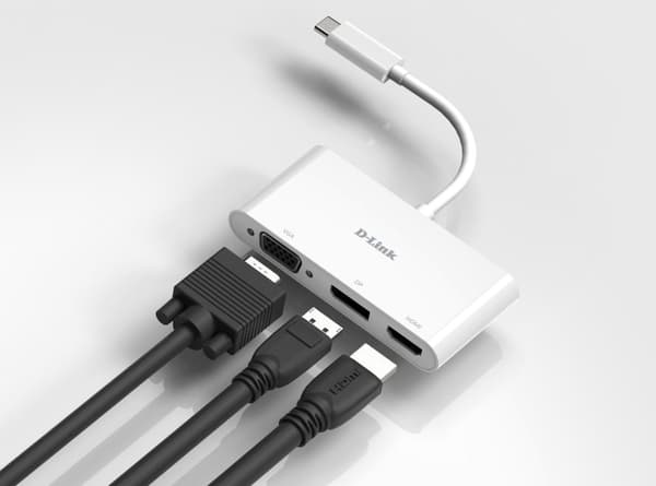 D-Link DUB-V310 - Videoforbindelse - DisplayPort / HDMI / VGA - USB-C (M) til HD-15 (VGA), HDMI, DisplayPort (W) - 11 cm - 4K-understøttelse (DUB-V310