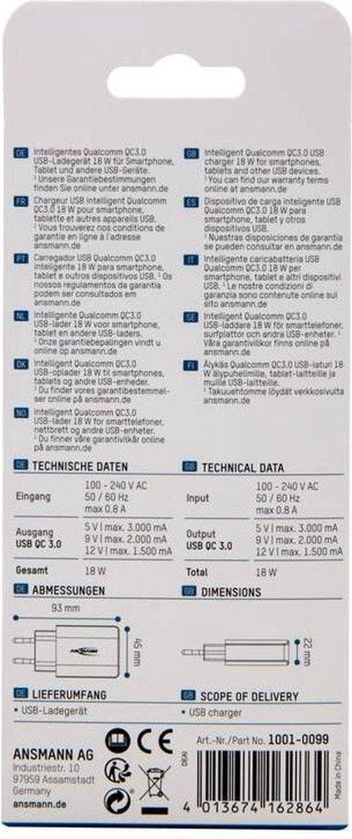 Ansmann Kotilaturi 130Q 1001-0099 USB-laturi Kotiin Lähtövirta (max.) 3000 mA 1 x USB 3.2 Gen 1 väylä A (USB 3.0)