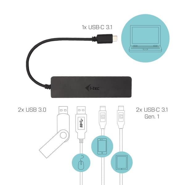 i-tec USB-C HUB - 2X USB 3.0, 2X USB-C med 19 cm USB-C-kabel
