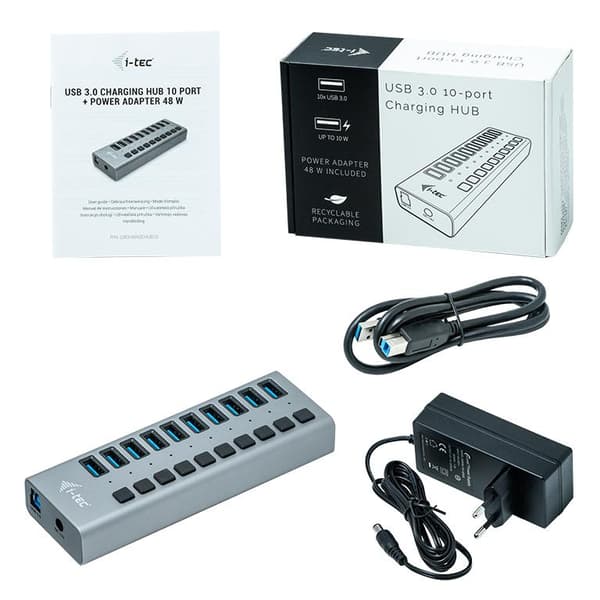 I-TEC USB 3.0 Charging HUB 10-porttinen portti ulkoisella virtalähteellä 48W 10x USB-latausportti tableteille kannettaville ultrabookeille PC (U3CHARG